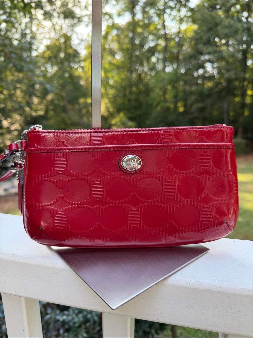Coach Red Patent Leather Signature Embossed Wristlet Clutch with Tag